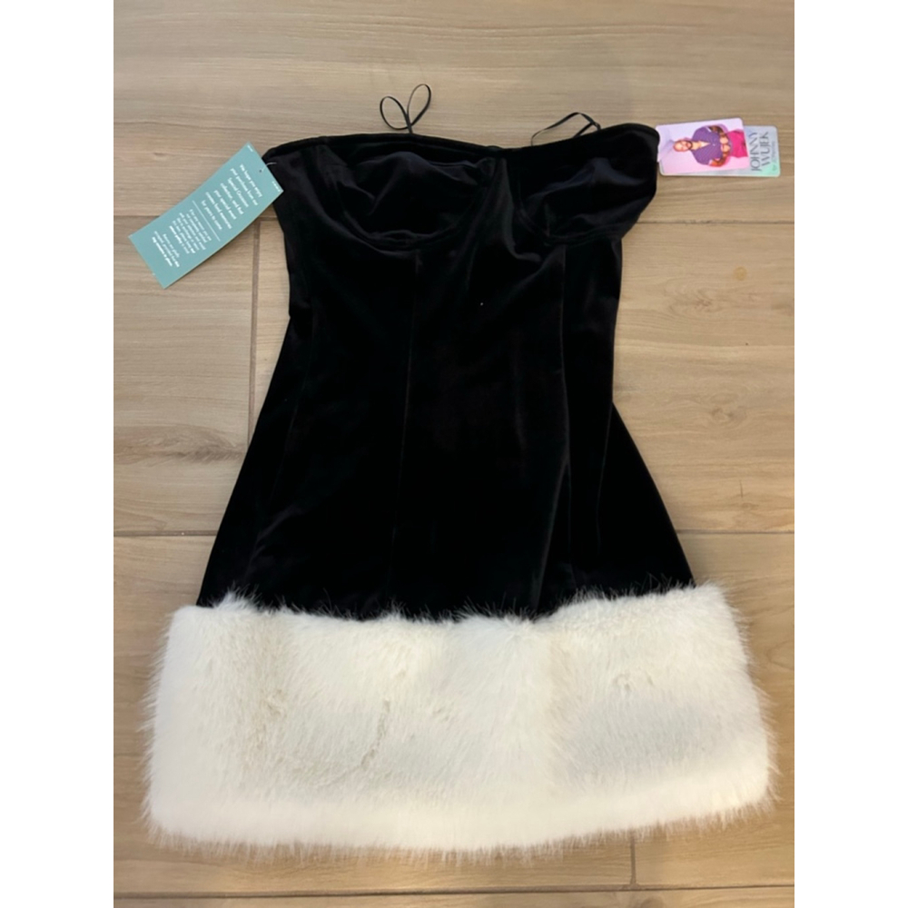 NEW Johnny Wujek Black Velvet Fur Corset Mini Dress Christmas Holiday 0 $74